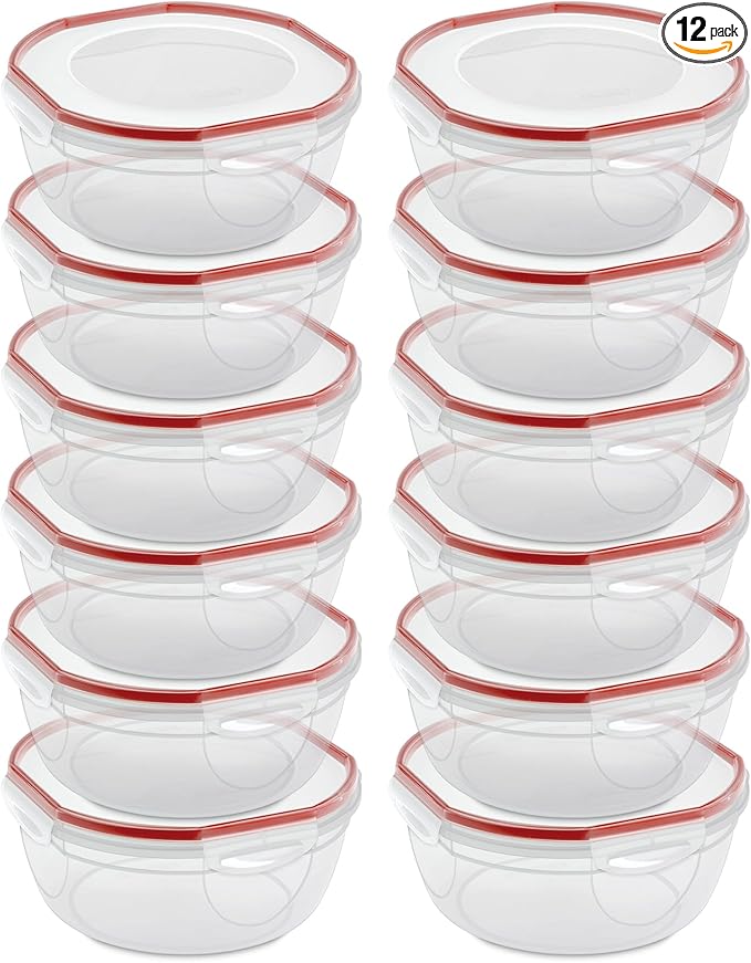 Sterilite Ultra-Seal 4.7 Qt Bowl, Large Airtight Food Storage Container, Latching Lid, Microwave and Dishwasher Safe, Clear with Red Gasket, 12-Pack