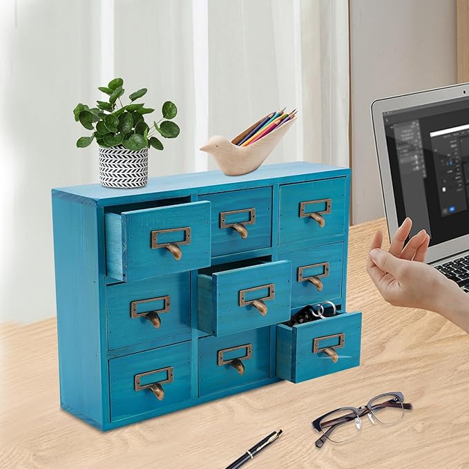 Schreibtisch-Organizer mit 9 Schubladen, Apothekerschrank, Schubladen-Organizer mit Etiketten und Metallgriffen, blau