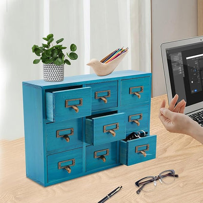 Schreibtisch-Organizer mit 9 Schubladen, Apothekerschrank, Schubladen-Organizer mit Etiketten und Metallgriffen, blau