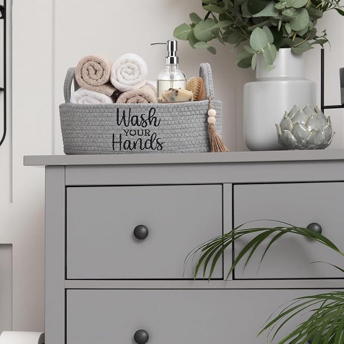 Wash Your Hands Bathroom Decoration Grey Cotton Rope Toilet Basket Toilet Paper Holder Basket Rustic Bathroom Organizer Farmhouse Home Decoration Organizing Small Baskets