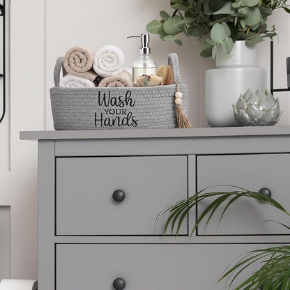 Wash Your Hands Bathroom Decoration Grey Cotton Rope Toilet Basket Toilet Paper Holder Basket Rustic Bathroom Organizer Farmhouse Home Decoration Organizing Small Baskets