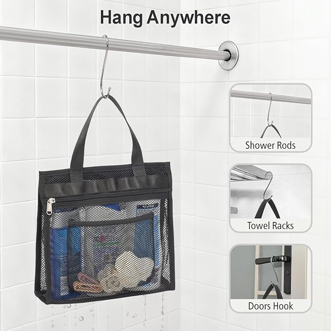 F-color Mesh Shower Caddy Portable Hanging - 3 Pockets Small Shower Bag Tote with Zipper Closure for Camping, Gym Lockers, Travel, Toiletry, Quick Dry Bathroom Essentials with S Hook, Black