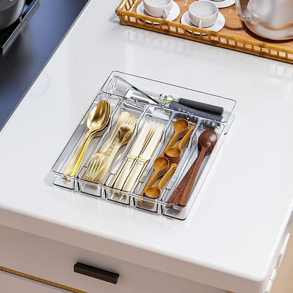 Clear Silverware Organizer for Kitchen Drawers,BPA Free Cutlery Drawer Organizer,6 Slots Plastic Utensils Organizer Suitable as In-Drawer Silverware Holder and Tray,Flatware,Knife,Fork,Spoon Organizer