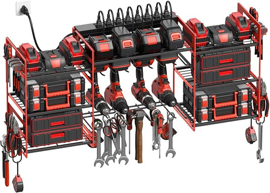 CCCEI Red Power Tool Organizer Wall Mount, Large Tools and Battery Storage Rack Charging Station Individual Switches. Drills Holder, Garage Utility Shelves with 10FT Power Strip. Gift for Men.