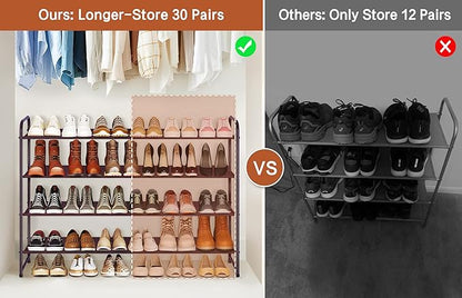 KIMBORA 4 Tier Long Shoe Rack for Closet, Wide Shoe Storage Organizer Stackable Sneaker Shelf for Floor, Bedroom 30 Pairs (Bronze)