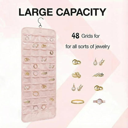 Hanging Jewelry Organizer, Dual-Sided Necklace Holder with Multiple Clear Pockets - Wall Mount & Over The Door Closet Storage for Earrings, Rings, Bracelets - 360° Rotating Hanger (1, pink, XL)