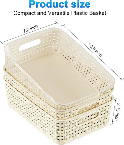 FUCDTEFC White Plastic Basket, 8 Pack Home Organization and Storage Baskets with Handles, Space Saving Woven Organizer Bins Plastic Storage Basket for Organizing Cabinets,Closets, Shelves, Countertops