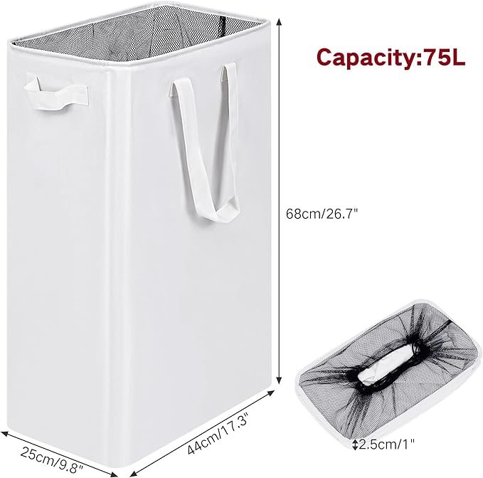 efluky Slim Laundry Basket, Narrow Laundry Hamper with Handles, Collapsible Dirty Clothes Hamper, Tall Laundry Bin for Laundry Room, Dorm and Bedroom, 12.7 Gallons(75L) White