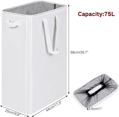 efluky Slim Laundry Basket, Narrow Laundry Hamper with Handles, Collapsible Dirty Clothes Hamper, Tall Laundry Bin for Laundry Room, Dorm and Bedroom, 12.7 Gallons(75L) White