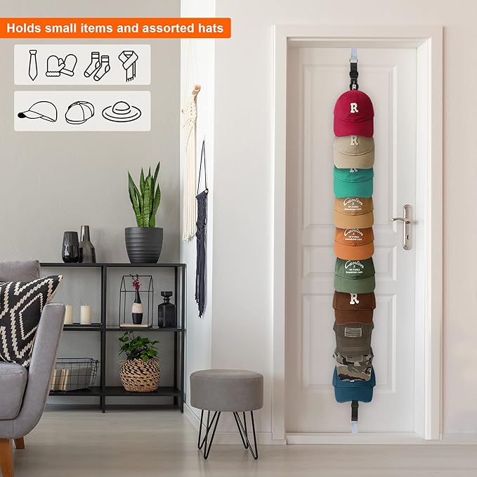Hat Rack for Baseball Caps Hat Organizer Holder for Over The Door &Wall , 20 Clips Holds Up to 20-40 Caps, Hat Storage for Closet, Baseball Cap Rack for Wall Hanger, for Winter Beanie & Accessories