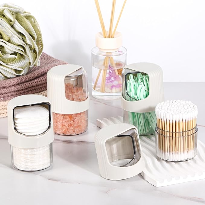 Tbestmax 4 Pack Rotating Qtip Holder Dispenser for Cotton Swabs, Makeup & Hair Accessories, Vanity Organizer with Canisters for Floss Picks, Cotton Balls, Bathroom Essentials Accessories Decor, Grey
