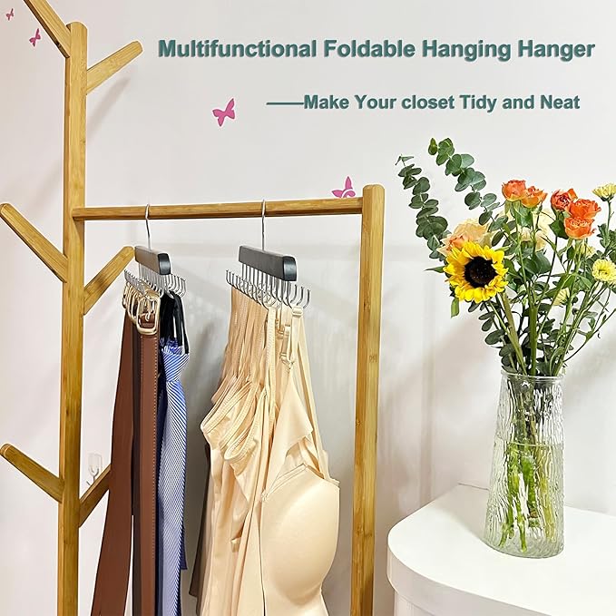 2 Pack Belt Hanger for Closet Organizer,Wooden Belt Storage Organizer with 20 Metal Hooks for Space Saving,Foldable Belts Holder for Belts,Tank Tops,Ties(Black)
