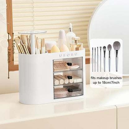 UFORU Makeup Organizer with Pop-Up Brush Holder for Dresser Vanity, Plastic Bathroom Counter Organizer with 3 Drawers & Dust-Proof Cover, Cosmetic Display Case for Lipstick, Skincare, White