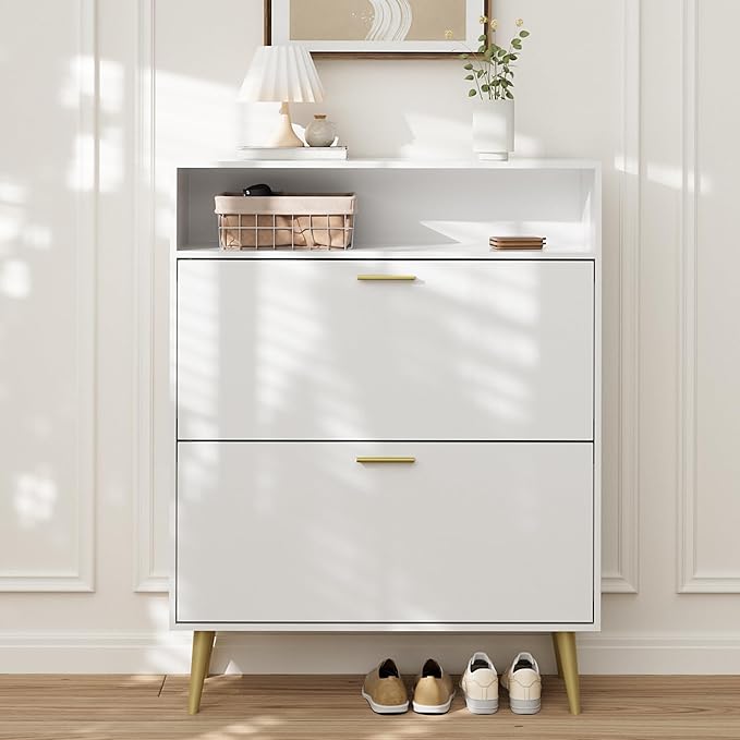 LYNSOM Shoe Cabinet Set of 2, Free Standing Tipping Bucket Shoe Rack Organizer with 2 Flip Drawers, Modern Entryway Shoe Storage with Top Display, Narrow Slim Hidden Shoe Cabinet (White)