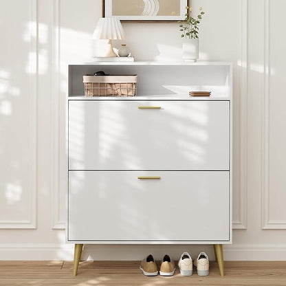 LYNSOM Shoe Cabinet Set of 2, Free Standing Tipping Bucket Shoe Rack Organizer with 2 Flip Drawers, Modern Entryway Shoe Storage with Top Display, Narrow Slim Hidden Shoe Cabinet (White)