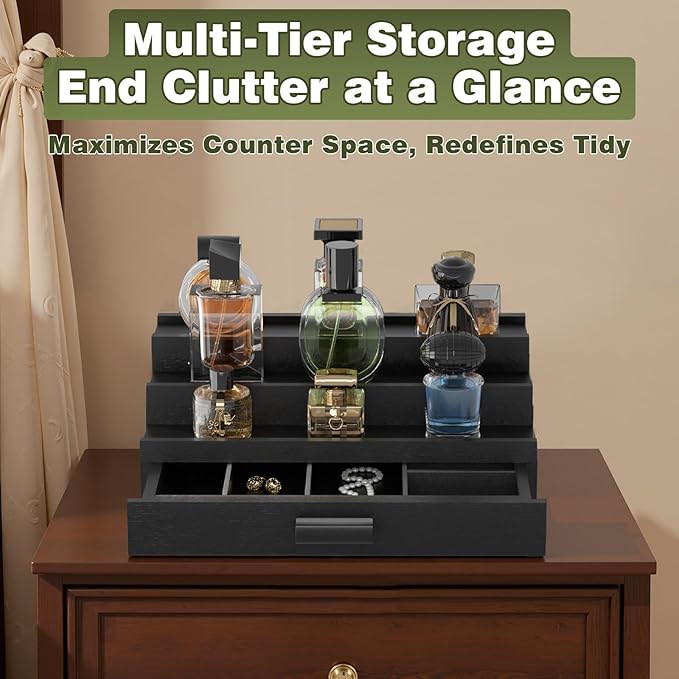 Perfume Cologne Organizer for Men: 3 Tier Wooden Perfumes Stand, Desktop Parfum Holder Wood Display Shelf with Cabinet, Bedroom Dresser Makeup Lotion Jewelry Storage Rack with Drawer