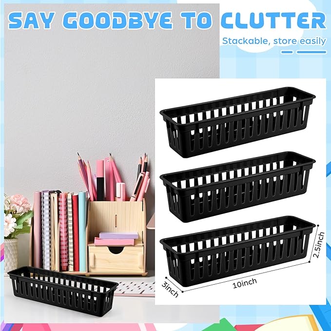 6 Pcs Black Slim Plastic Storage Baskets Tray 10 x 3 x 2.5 Inch Compact Stackable Desk Organizer for Office, Classroom, School Supplies, and Home Storage, Organization(Black)