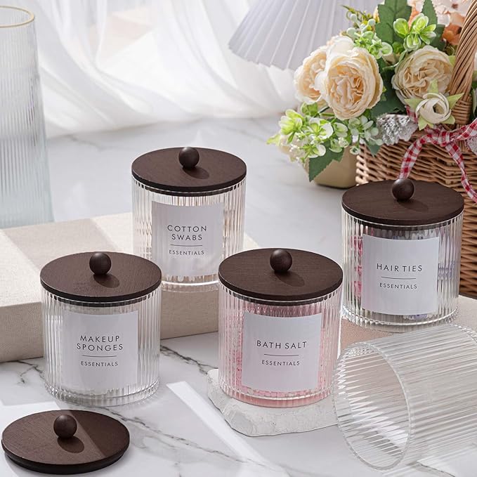 Yaomiao 6 Pcs Ribbed Bathroom Canisters Apothecary Jars with Brown Bamboo Lids and Label Stickers, 18 oz Plastic Canister with Fluted Design for Cotton Ball, Swab, Floss Picks House Storage