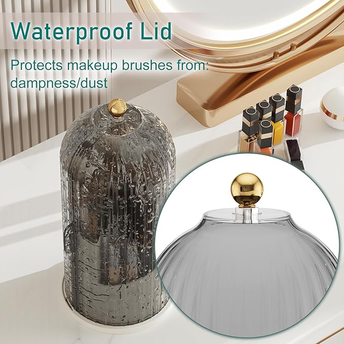 GAXmi Makeup Brush Holder with Lid Cosmetic Tools Organizer 360 Rotating Waterproof Dustproof Beauty Brushes Storage for Vanity, Grey