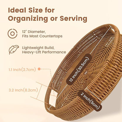 12 Inch Rattan Lazy Susan Organizer for Cabinet, Round Rotating Wicker Turntable Serving Tray with Handles for Kitchen Counter, Coffee Table