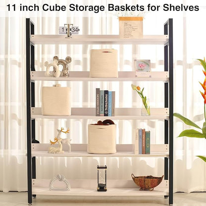 11 Inch Cube Storage Bins, 11x11 Cube Storage Bins for Cube Organizer, Square Cloth Storage Cubes, Woven Storage Baskets for Shelves, Toy Rope Baskets Storage Kids, Off White (Pack of 3)