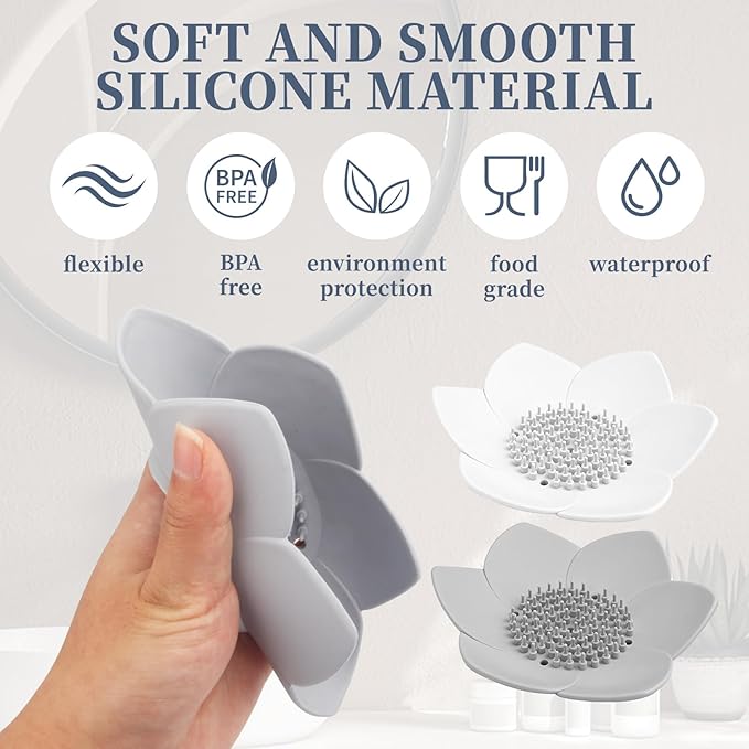 2 Pack Lotus Shower Steamer Trays, Silicone Soap Holder with Self Draining - Elegant White & Gray Lotus Flower Shape Soap Dish, Perfect for Bathroom Counter, Kitchen Sink, Shower Organizer