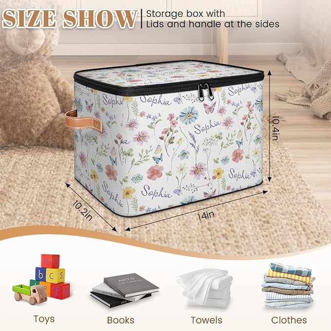 Custom Watercolor Flower Storage Bins with Lid, Foldable Personalized Storage Basket Boxes with Handle Shelf Basket Closet Organizer Cube