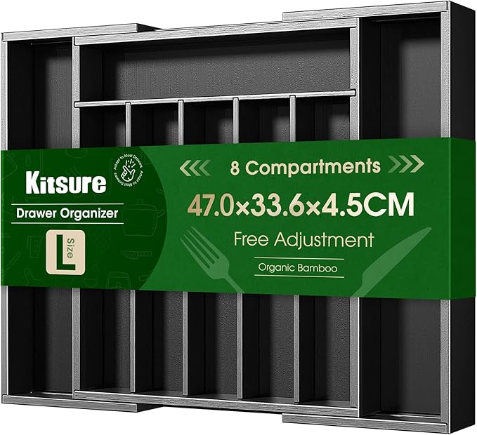 Kitsure Silverware Organizer - Expandable Bamboo Kitchen Drawer Organizer for Cooking Utensils and Cutlery, Sturdy & Thickened Kitchen Organizers and Storage Solution, Large, Black