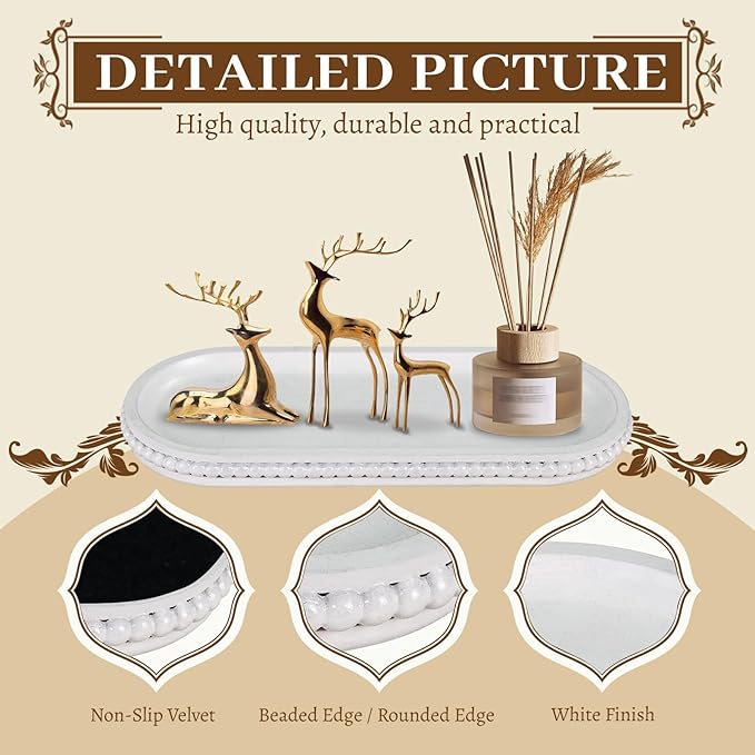 MAONAME Oval Long Narrow Wood Tray, Rustic Decorative Tray with Beaded, White Farmhouse Vanity Trays, Toilet Tank Trays for Dresser, 12" x 4.7"