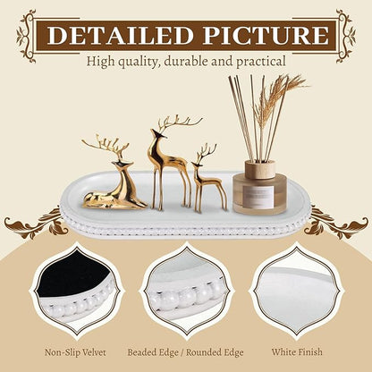 MAONAME Oval Long Narrow Wood Tray, Rustic Decorative Tray with Beaded, White Farmhouse Vanity Trays, Toilet Tank Trays for Dresser, 12" x 4.7"