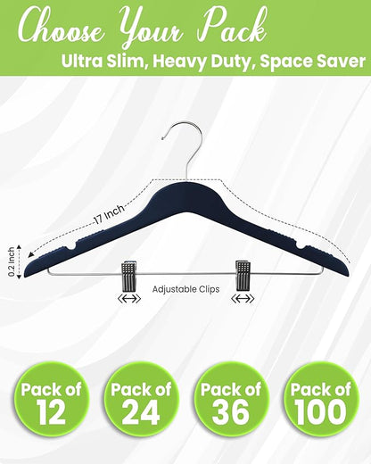 All Hung Up Hangers Slim Plastic Clothes Hangers with Clips, Space-Saving Design with Non-Slip Grip, Durable for Everyday Use, Navy Blue, 36pcs