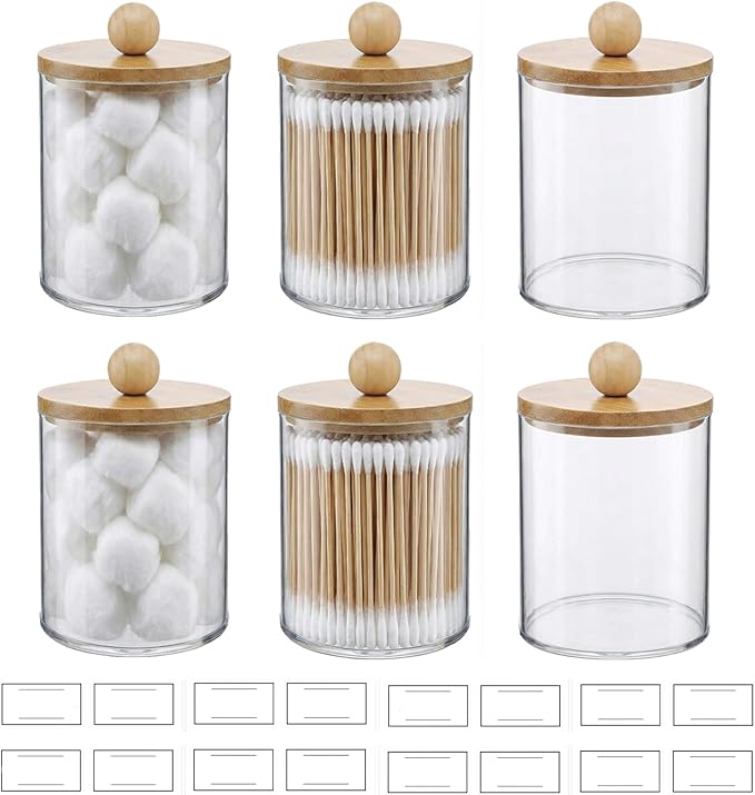 novelinks Acrylic Plastic Qtip Holder Dispenser, Apothecary Jar Canister Set with Lids for Cotton Swabs, Balls, Round Pads & Floss Picks - Bathroom Vanity Makeup Organizer (Beige, 6 Pack)