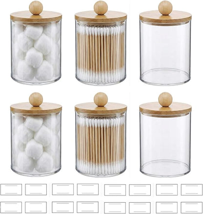 novelinks Acrylic Plastic Qtip Holder Dispenser, Apothecary Jar Canister Set with Lids for Cotton Swabs, Balls, Round Pads & Floss Picks - Bathroom Vanity Makeup Organizer (Beige, 6 Pack)