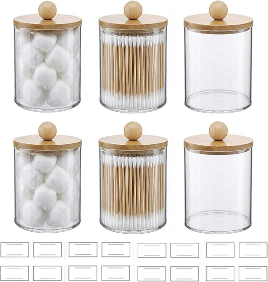 novelinks Acrylic Plastic Qtip Holder Dispenser, Apothecary Jar Canister Set with Lids for Cotton Swabs, Balls, Round Pads & Floss Picks - Bathroom Vanity Makeup Organizer (Beige, 6 Pack)