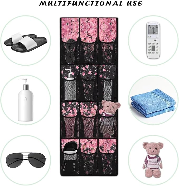 Cherry Blossom Behind Door Organizer 12 Pockets Over The Door Closet Organizer for BedRoom Space Saving Multi-Funtion Storage Bag for School Easy to Install Shoe Holder Hanger