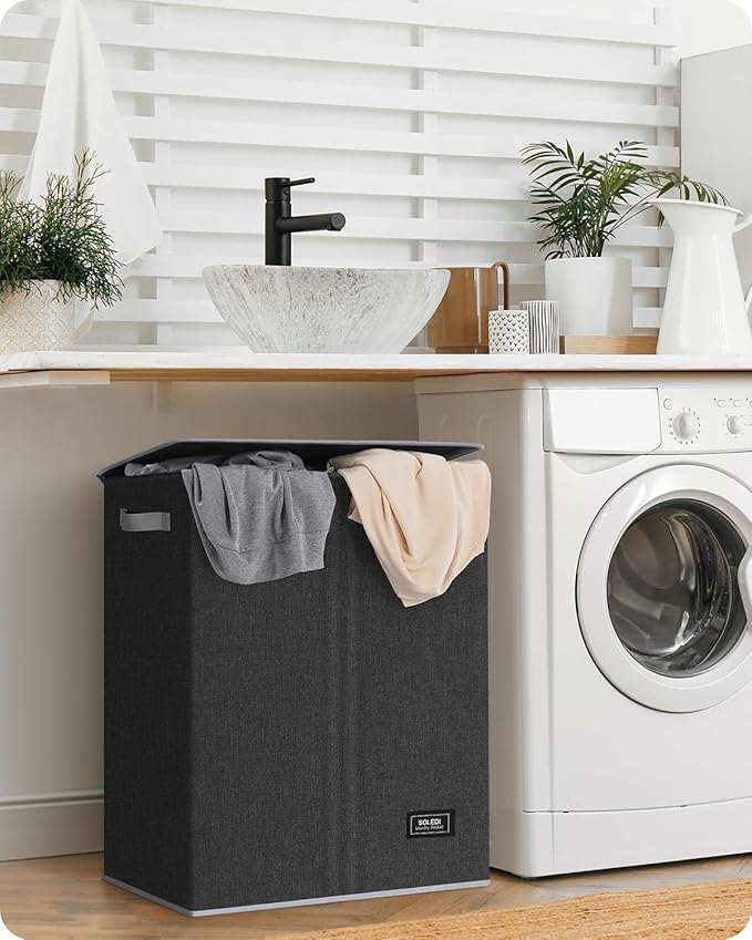 SOLEDI Double Laundry Hamper with Lid, 130L Clothes Hamper 2 Section, Laundry Basket with Removable bag, Bed room decor aesthetic, laundry room organization, Home and dorm room essentials