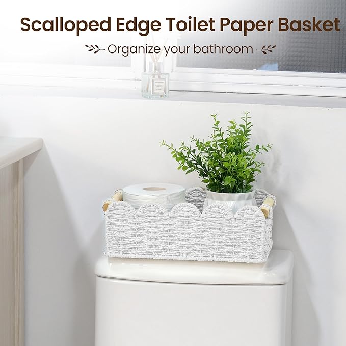 iEGrow Paper Rope Small Storage Baskets for Organizing, Set of 2 Scalloped Edge Wicker Basket with Wooden Handles Toilet Paper Basket for Over Toilet Storage Shelf, Home Decor, Living Room (White)