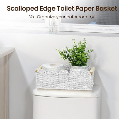 iEGrow Paper Rope Small Storage Baskets for Organizing, Set of 2 Scalloped Edge Wicker Basket with Wooden Handles Toilet Paper Basket for Over Toilet Storage Shelf, Home Decor, Living Room (White)
