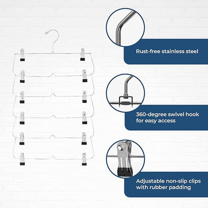 USTECH 6 Tier Skirt Hangers Closet Space Saver with Clips for Pants, Shorts, Skirts, Leggings - 3 Pack