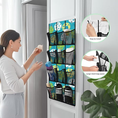 12-Pocket Storage Hanging Bag Behind the Door, Over the Door Organizer with Mesh Pockets for Shoes Essentials, Space Saving Door Organizer for Bedroom Dorm Closet, Pickleball Pattern