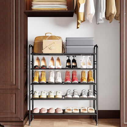 SUFAUY 33" Wide Shoe Rack, 5-Tier Shoe Storage Rack for 24-30 Pairs of Shoes, Shoe Organizer for Entryway, Stackable, Heavy Duty, Steel Frame, Industrial, Black