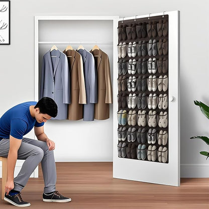 40-Pocket Over the Door Shoe Organizer - Large Mesh Pocket Hanging Shoe Organizer,Behind the Door Shoes Storage Holder Hanger (Coffee color)