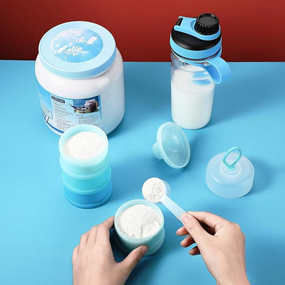 Baderke 2 Pcs Protein Powder Container with Funnels Stand, 4 Stackable Leakproof Protein Powder Dispenser, Portable Keychain Powder Container for Workout, Fitness, Travel(White, Blue)