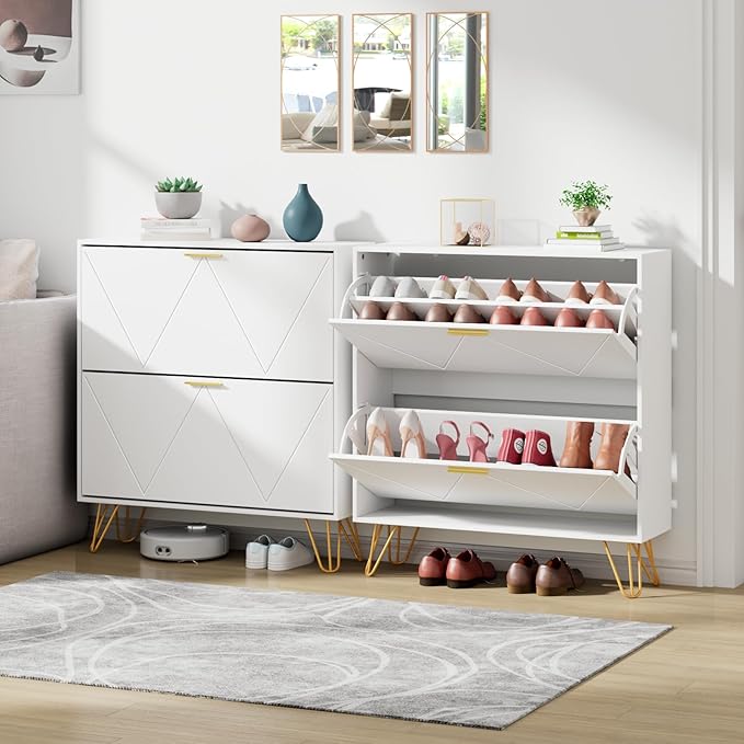 JOZZBY Shoe Cabinet for Entryway Slim Set of 2, White Shoe Cabinet with 2 Flip Drawers, Narrow Shoe Storage Cabinet, Slim Shoe Rack for Entryway, Hallway, Living Room