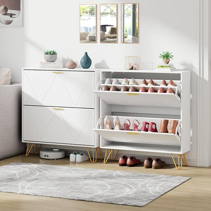 JOZZBY Shoe Cabinet for Entryway Slim Set of 2, White Shoe Cabinet with 2 Flip Drawers, Narrow Shoe Storage Cabinet, Slim Shoe Rack for Entryway, Hallway, Living Room