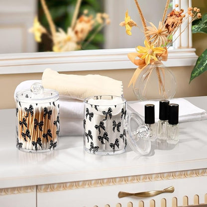 ALAZA 2pcs Black White Bow Polka Dots Qtip Holder Dispenser 14 oz Bathroom Storage Clear Apothecary Jars Containers Cotton Ball,Cotton Rounds,Floss Picks, Hair Clips, Food