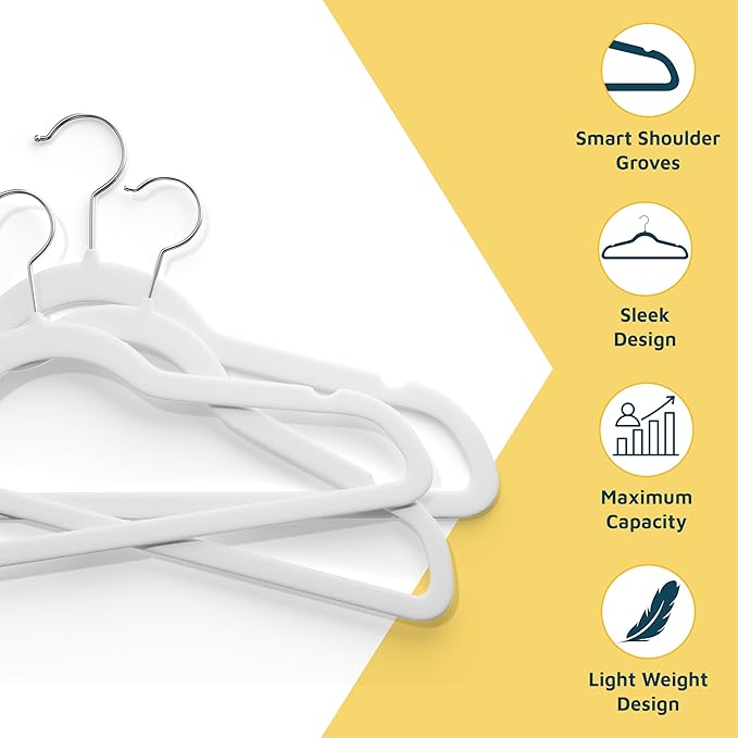 Lifemaster Velvet Clothes Hanger – with 360 Degree Swivel Hook and Non-Slip Shoulder Notch, Holds Up to 10 lbs, Heavy Duty Hanger Set, for Organizing Suit, Dress, Coat, and Clothes, Pack of 50, White