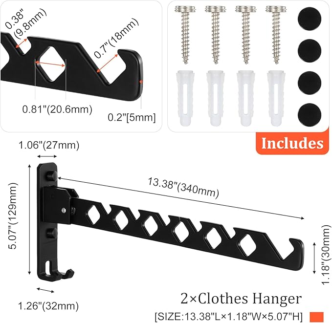 2 Pack Wall Mount Coat Hanger Holder Black Clothes Drying Organizer Rack Garment Hooks Aluminium Retractable Folding Indoor Wall Mounted Hanger Space Saver for Laundry Room Bedroom Black