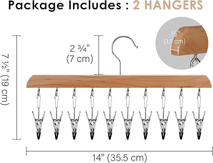 StorageWorks Hat Rack, Closet Organizer and Storage for Baseball Caps,Set of 2 with 10 Adjustable Stainless Steel Clips, Fits All Caps, Natural Wood Color