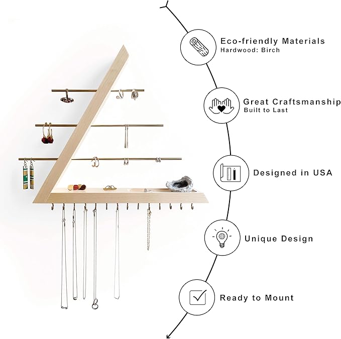 Jewelry Organizer Wall Mounted, Hardwood Hanging Jewelry Holder, Open Triangle Jewelry Display shelf for Necklaces, Earrings, Rings and Bracelets, Gift for her, Patented (Birch)